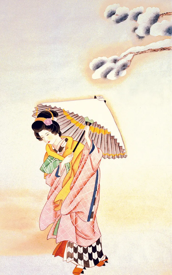雪地上打着纸伞的日本和服侍女