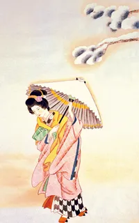 雪地上打着纸伞的日本和服侍女 雪地上打着纸伞的日本和服侍女