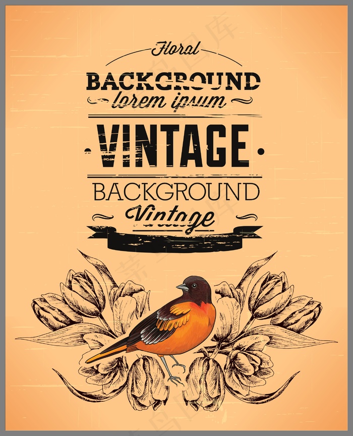 春天美丽的花和鸟的老式插画矢量