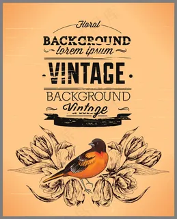 春天美丽的花和鸟的老式插画矢量