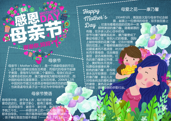 感恩母亲节学生电子手抄报小报模板(2480X1754(DPI:150))psd模版下载