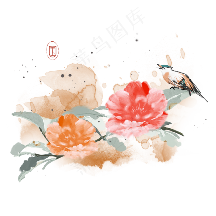 水墨花鸟鲜花喜鹊素材,免抠元素(2000*2000px 300 dpi )psd模版下载