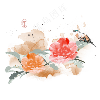 水墨花鸟鲜花喜鹊素材,免抠元素