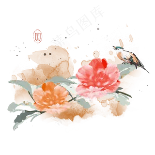水墨花鸟鲜花喜鹊素材,免抠元素