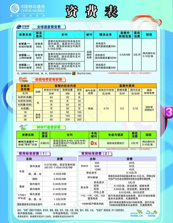 移动资费表图片cdr矢量模版下载