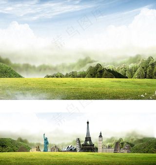 山坡 绿草 城市建筑 文化 天空 云朵