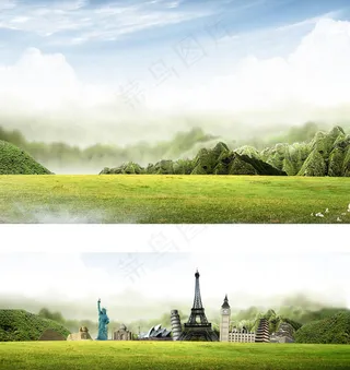 山坡 绿草 城市建筑 文化 天空 云朵