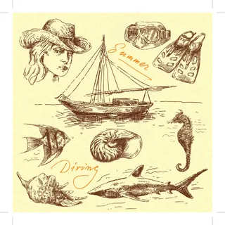 手绘航海元素图矢量