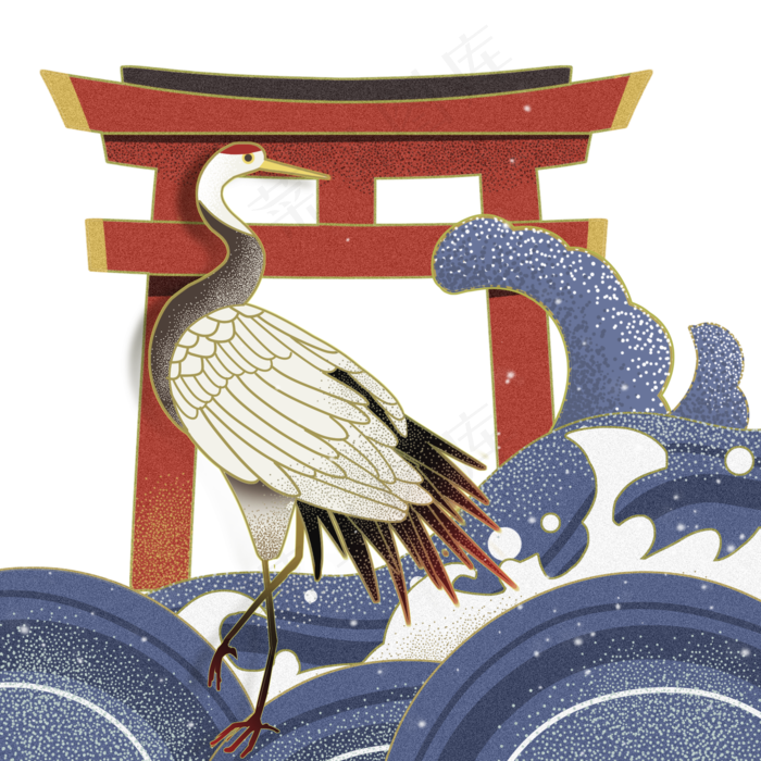 日本浮世绘神社仙鹤,免抠元素