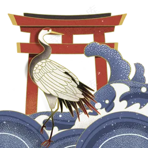 日本浮世绘神社仙鹤,免抠元素