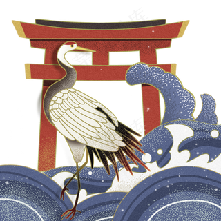 日本浮世绘神社仙鹤,免抠元素