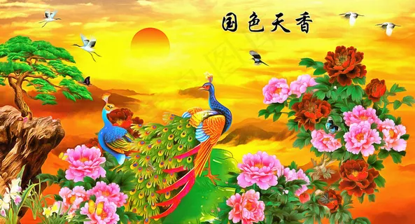 国色天香图壁画挂画背景墙无框画装饰... 国色天香图壁画挂画背景墙无框画装饰...