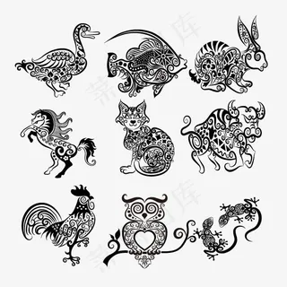 创意时尚抽象动物花纹线稿素材