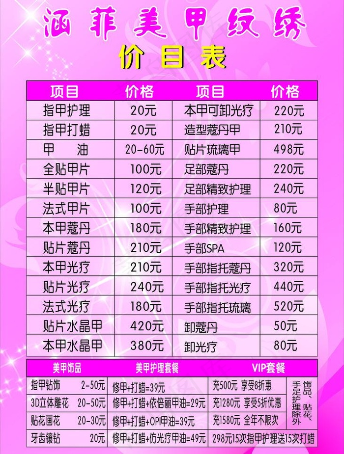 美甲价目表图片cdr矢量模版下载