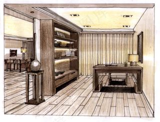 书房透视图手绘图片素材