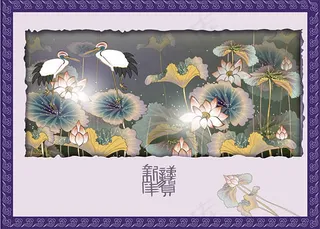 复古荷花丹顶鹤矢量素材