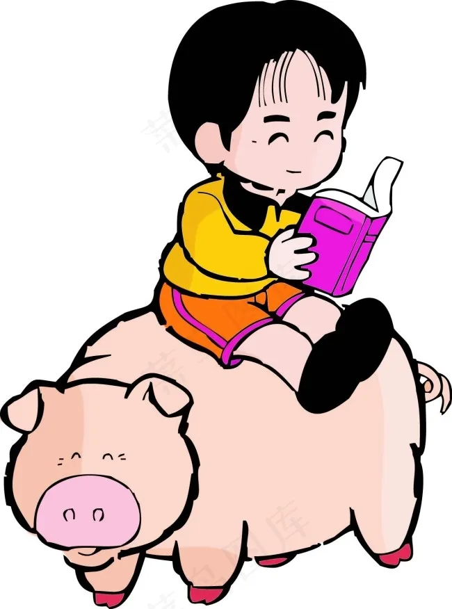 坐在猪上面看书的小女孩ai矢量模版下载