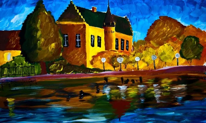 油画 小镇夜景图片