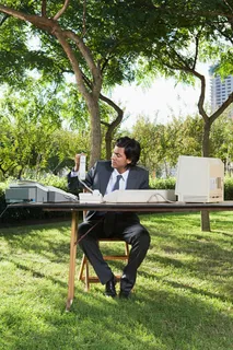 在草地上办公的男人图片