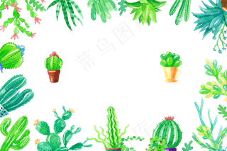清新绿色手绘水彩风多肉植物仙人球掌...