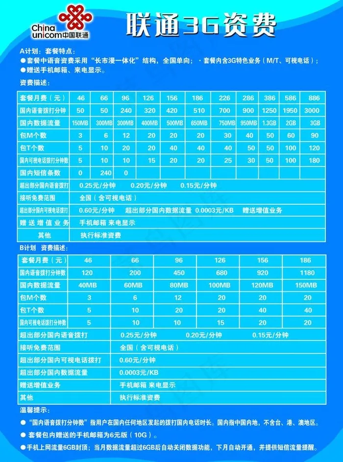 中国联通3g咨费标准图图片psd模版下载