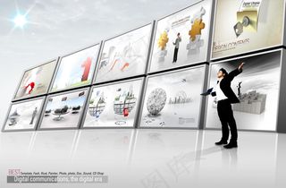 商务职场人物与立体电视墙PSD分层...