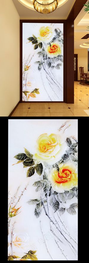 牡丹花浮雕背景墙玄关素材图片