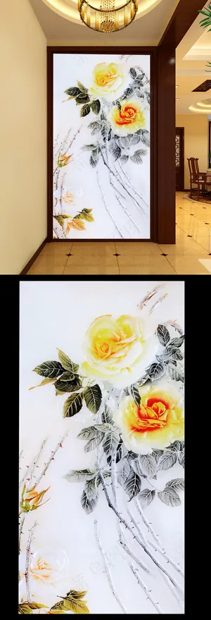 牡丹花浮雕背景墙玄关素材图片