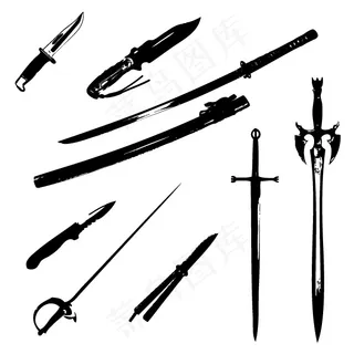 刀剑小鸟骷髅印记昆虫树叶剪影矢量素...