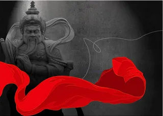 古代人物雕像与红飘带PSD分层素材