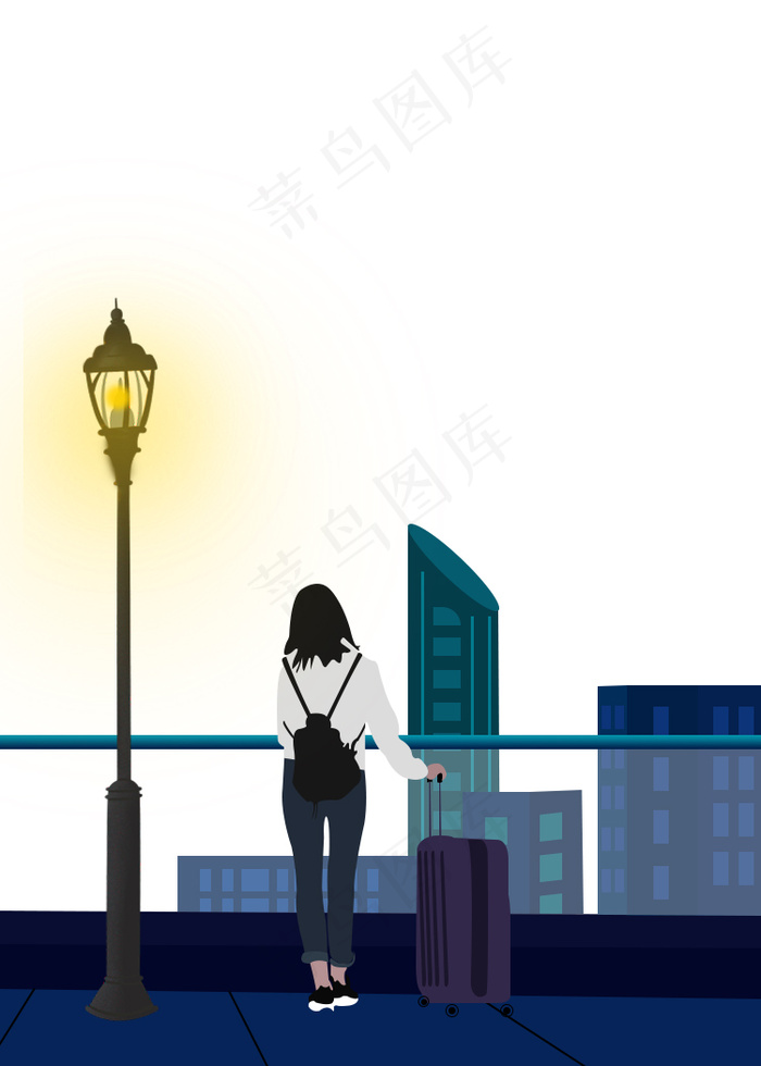夜景女孩独立于灯柱下插画psd模版下载