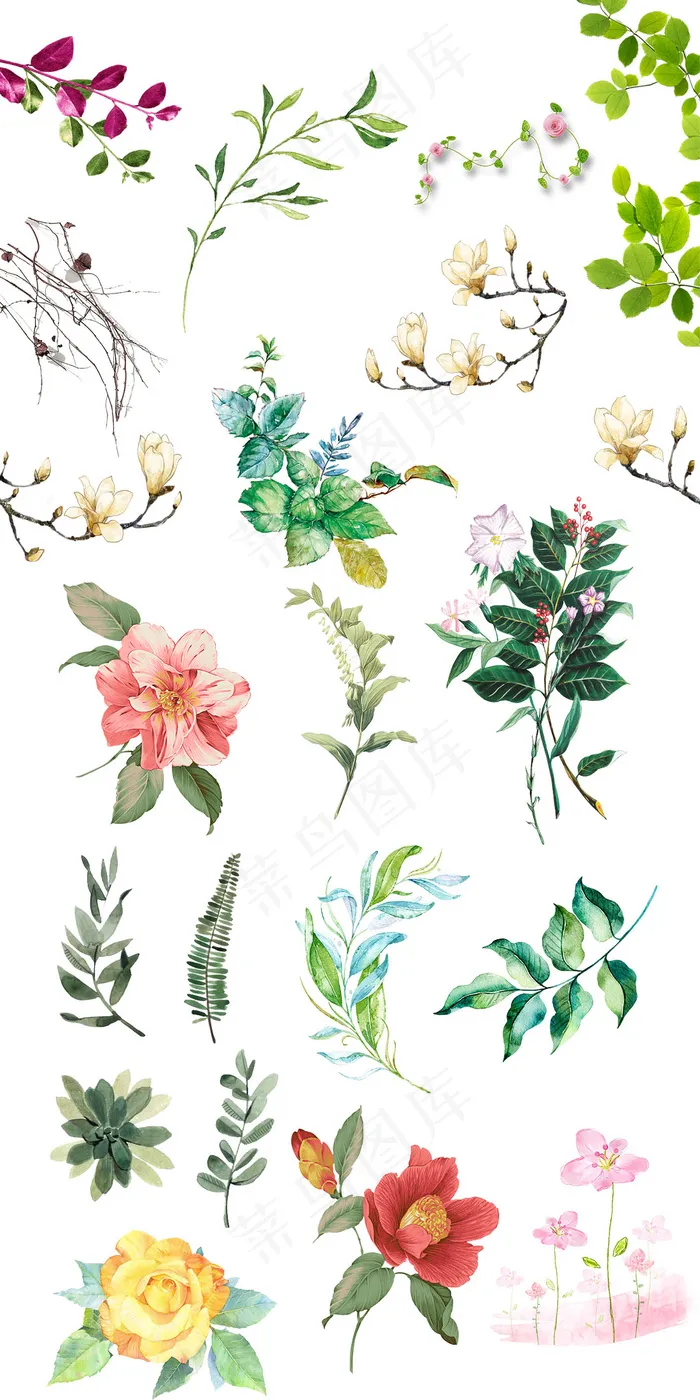 唯美清新手绘花蕊绿叶素材(1100X2200(DPI:72))psd模版下载