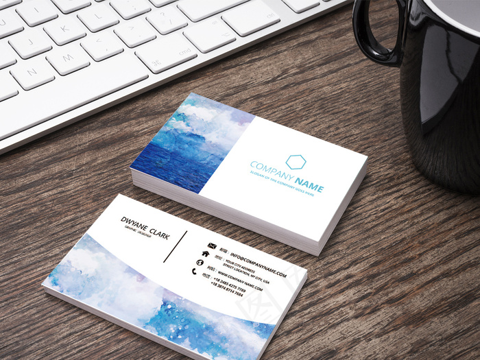 水彩蓝色简约大气商务通用名片设计