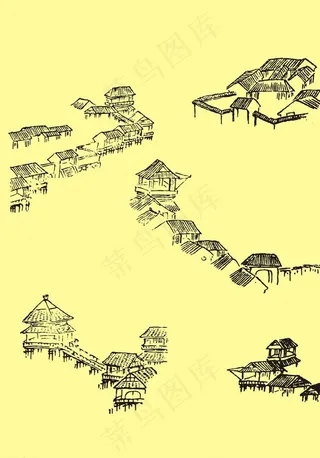 国画民居瓦房图片