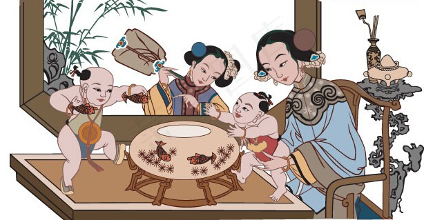 中国传统母子图ai矢量模版下载