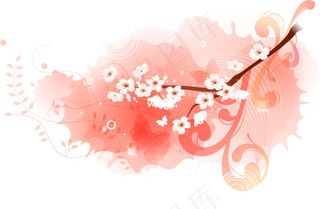 梅花枝叶效果衬玫红背景图层