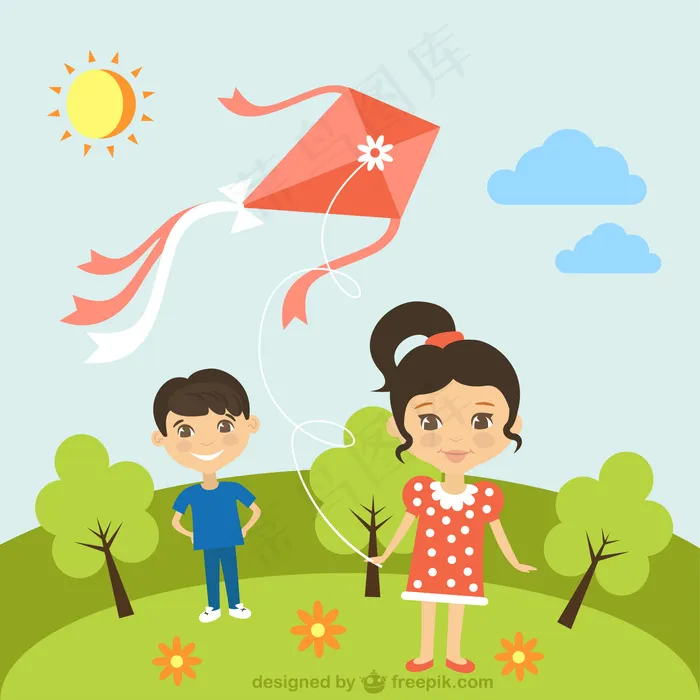 在阳光灿烂的日子里放风筝的孩子ai矢量模版下载