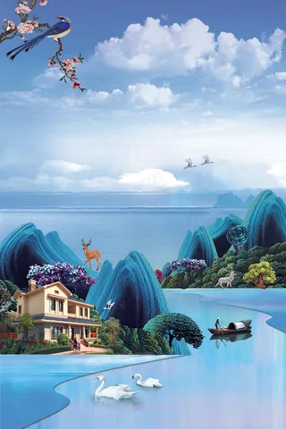 唯美风景新中式彩色手绘插画背景
