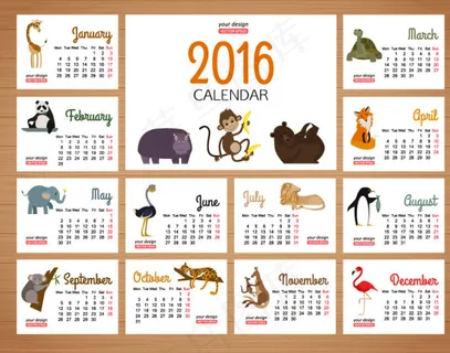 2016年小动物年历矢量素材
