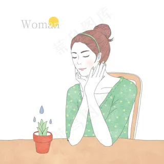 手绘主妇想象桌子养草素材