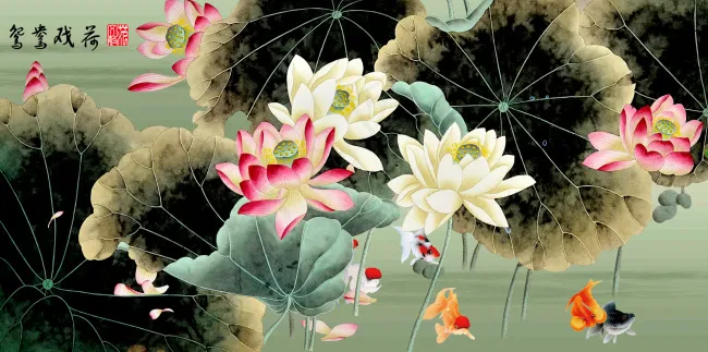 九鱼图荷花鱼(5461X2722(DPI:300))psd模版下载
