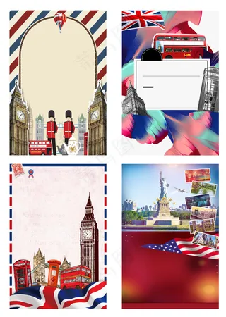 卡通手绘欧美旅游海报背景元素