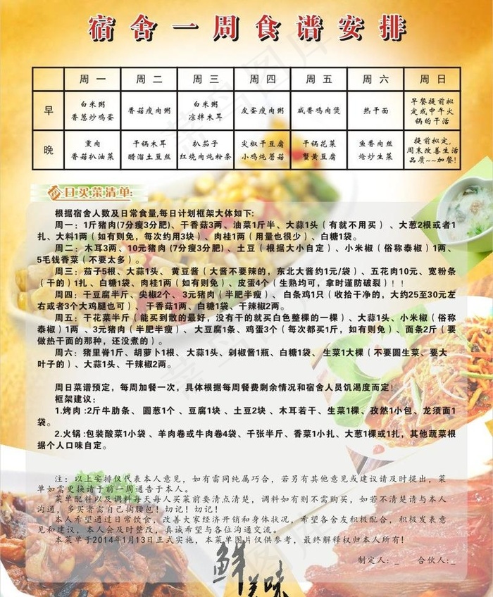 一周食谱安排图片cdr矢量模版下载