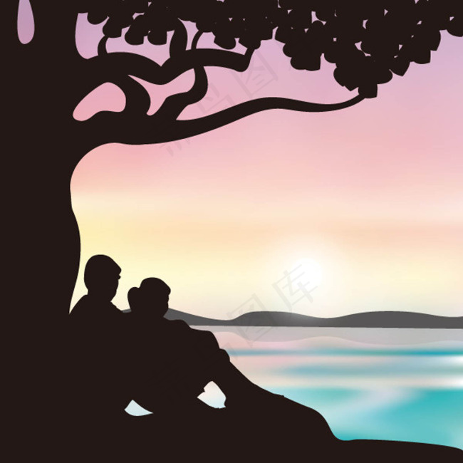 夕阳下的情侣剪影矢量素材