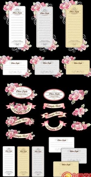 丝带卡片与手绘花卉矢量素材（粉）