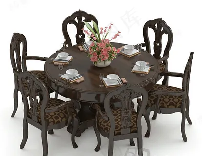 3D圆形餐桌椅组合模型