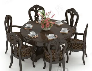 3D圆形餐桌椅组合模型