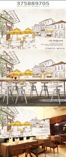 欧式手绘街头咖啡厅工装背景墙