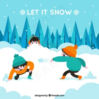有雪的风景背景和孩子们玩的开心