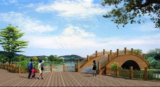 广西特色建筑水景公园木桥效果图